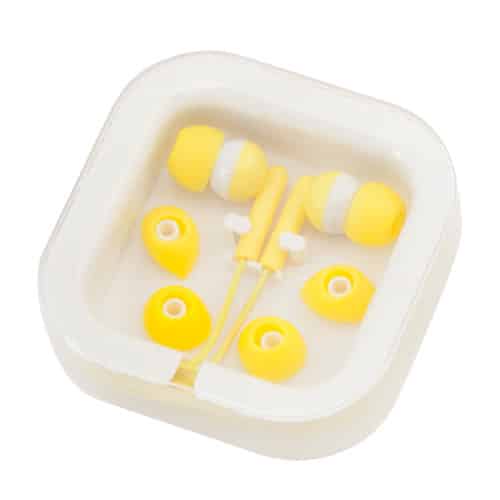 Auricolari gialli confezionati in scatolina quadrata trasparente