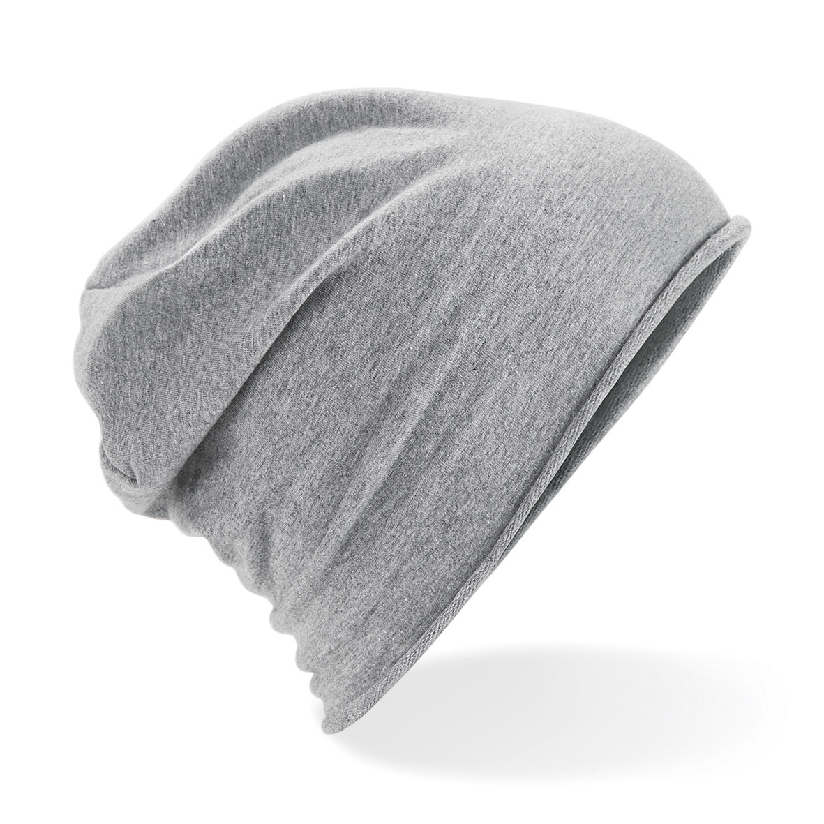 Berretto leggero grigio heather con bordi arrotolati su sfondo bianco