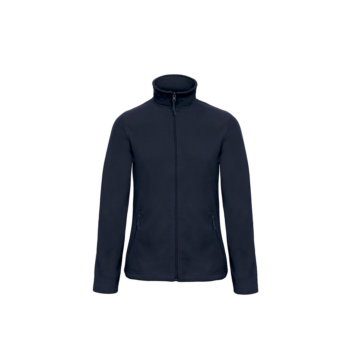 Pile da donna blu navy con collo alto zip lunga tasche laterali con zip su sfondo bianco