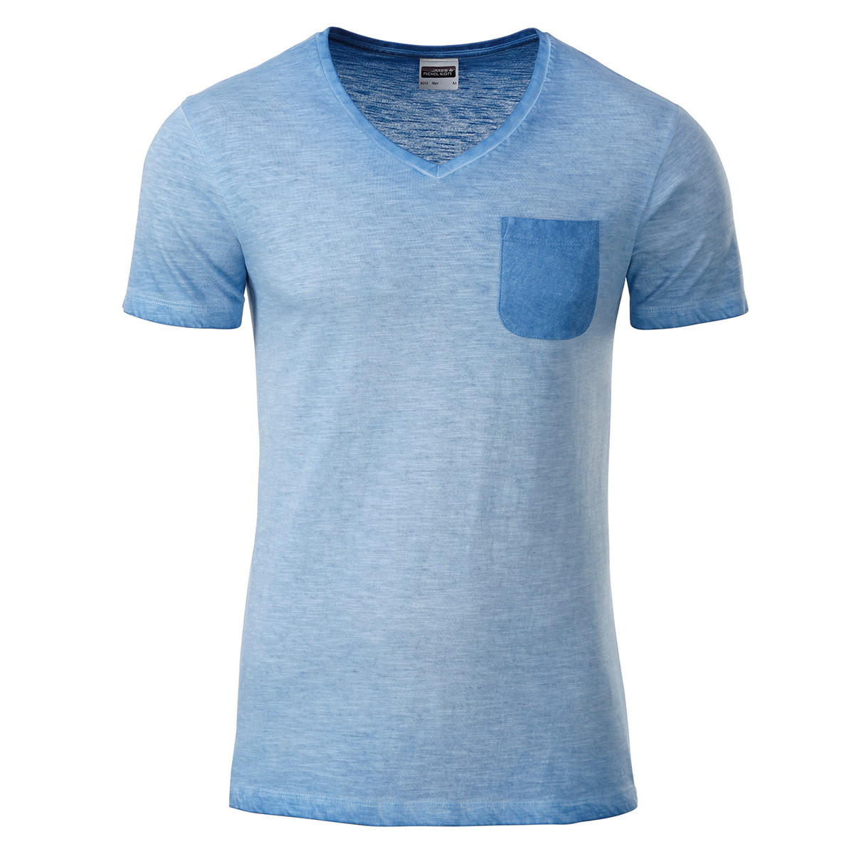Tshirt azzurra con scollo a V e taschino lato cuore