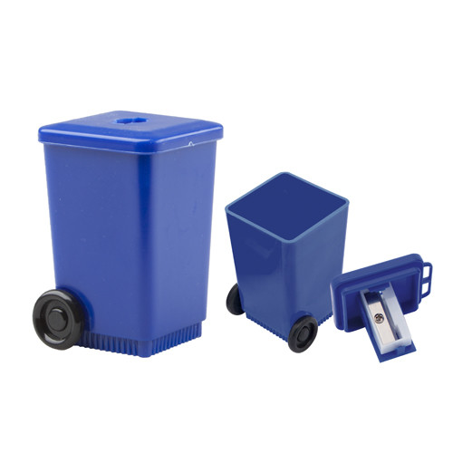 Temperino a forma di bidoncino in plastica blu