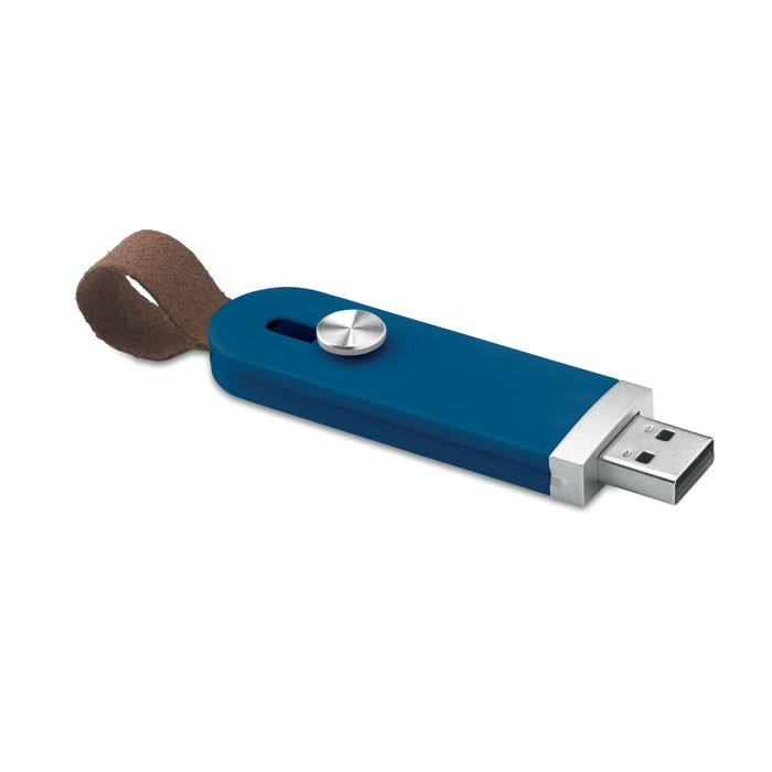 Chiavetta usb blu con pulsante con cordino marrone