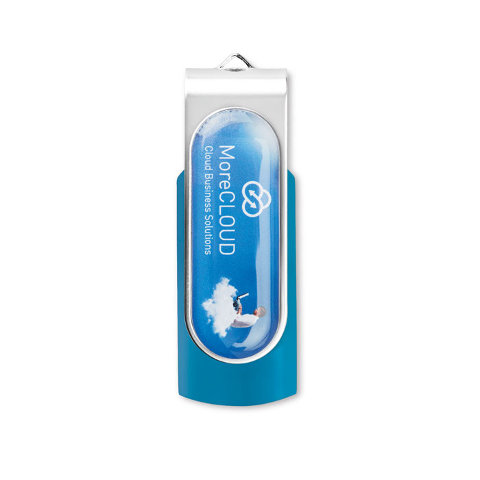 Chiavetta usb azzurra con chiusura protettiva in metallo con logo