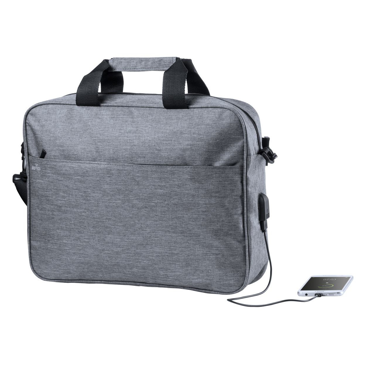 Borsa portadocumenti in poliestere grigio con tracolla regolabile e scomparti imbottiti