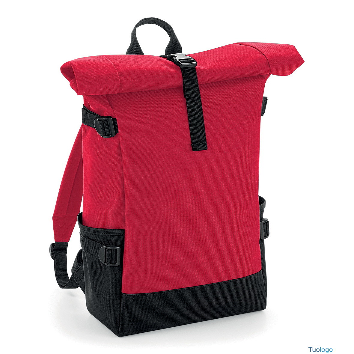 Borsa zaino porta computer rosso con tasche laterali su sfondo bianco