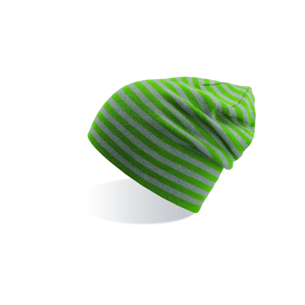 Berretto bimbo a righe verde e grigio su sfondo bianco