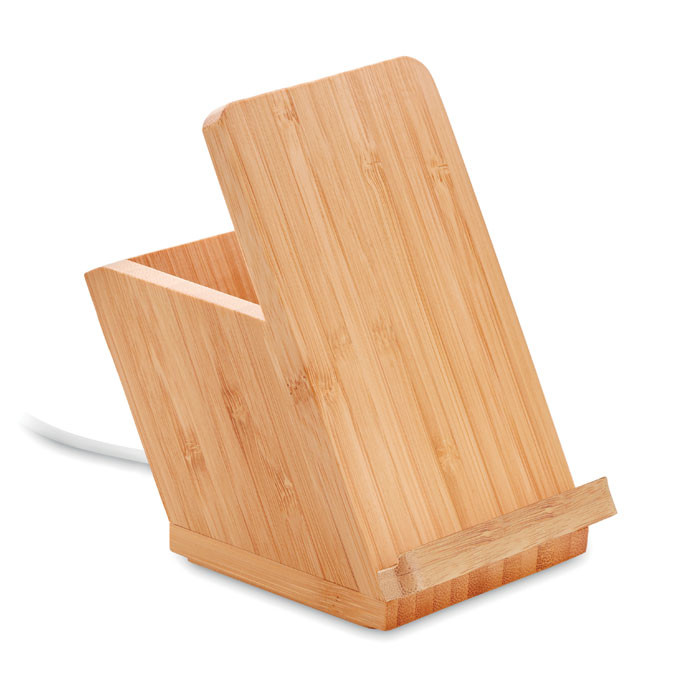 Caricatore wireless in bamboo con funzione da supporto e portapenne
