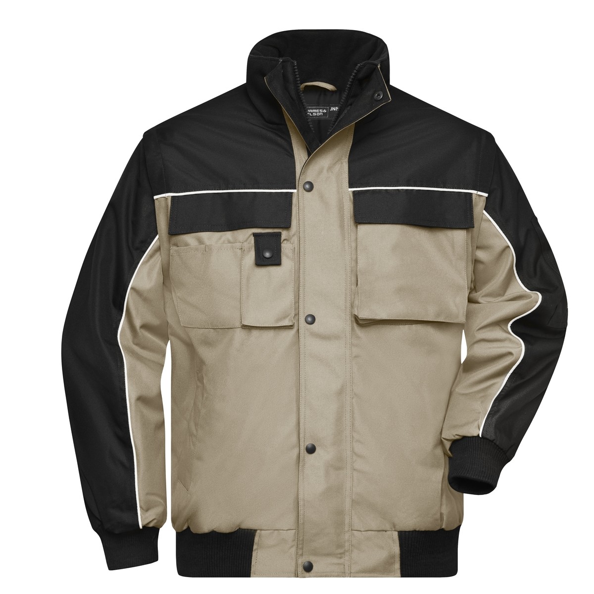 Giacca beige e nera con profili bianchi su sfondo bianco