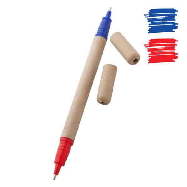 Penna in cartone con doppia punta refill rossa e blu