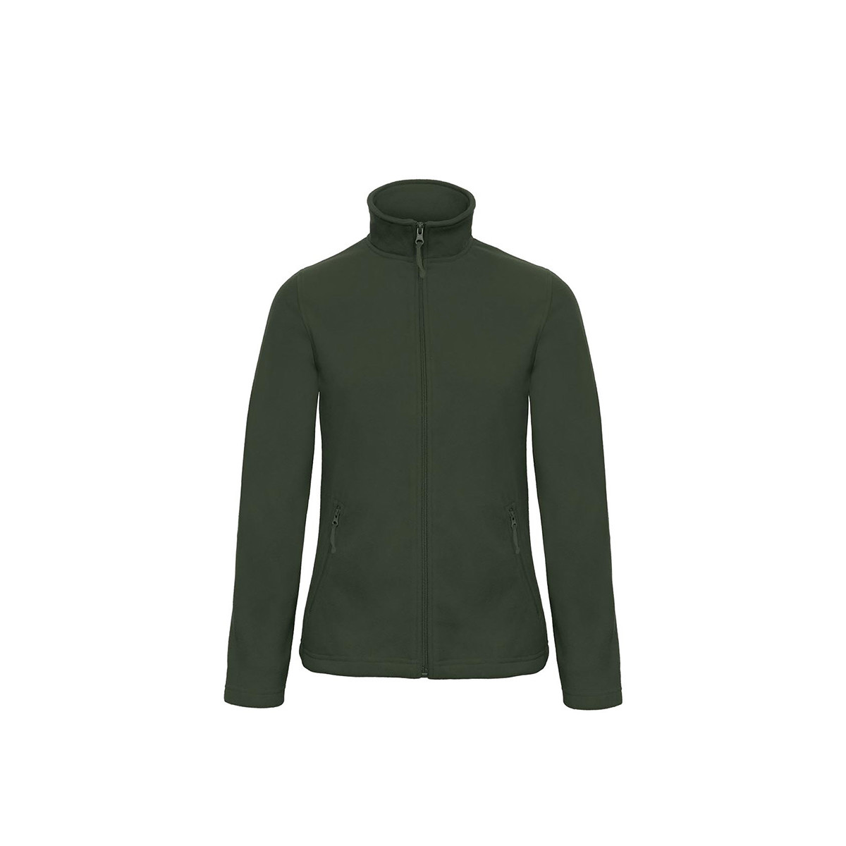 Pile da donna verde foresta con collo alto zip lunga tasche laterali con zip su sfondo bianco