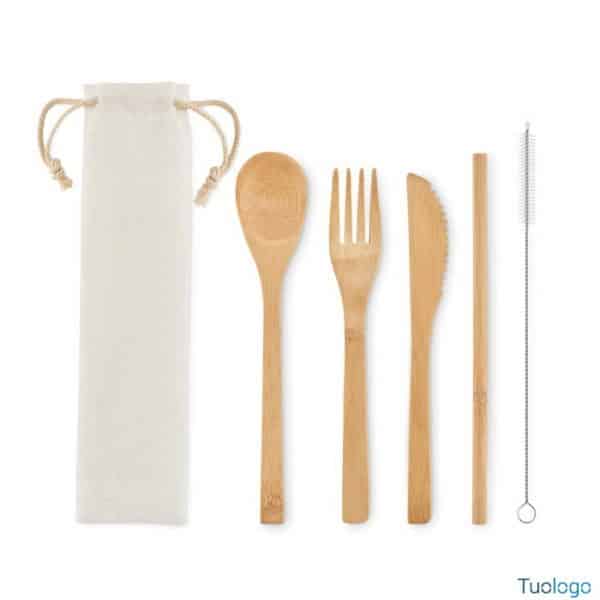 Coltello forchetta cucchiaio e cannuccia in bamboo con spazzola e custodia in tela
