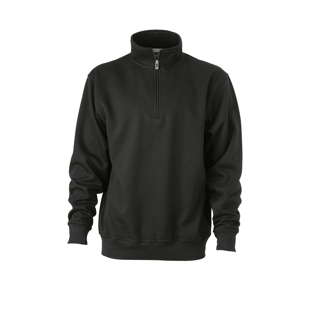 Felpa da lavoro nera con mezza zip su sfondo bianco