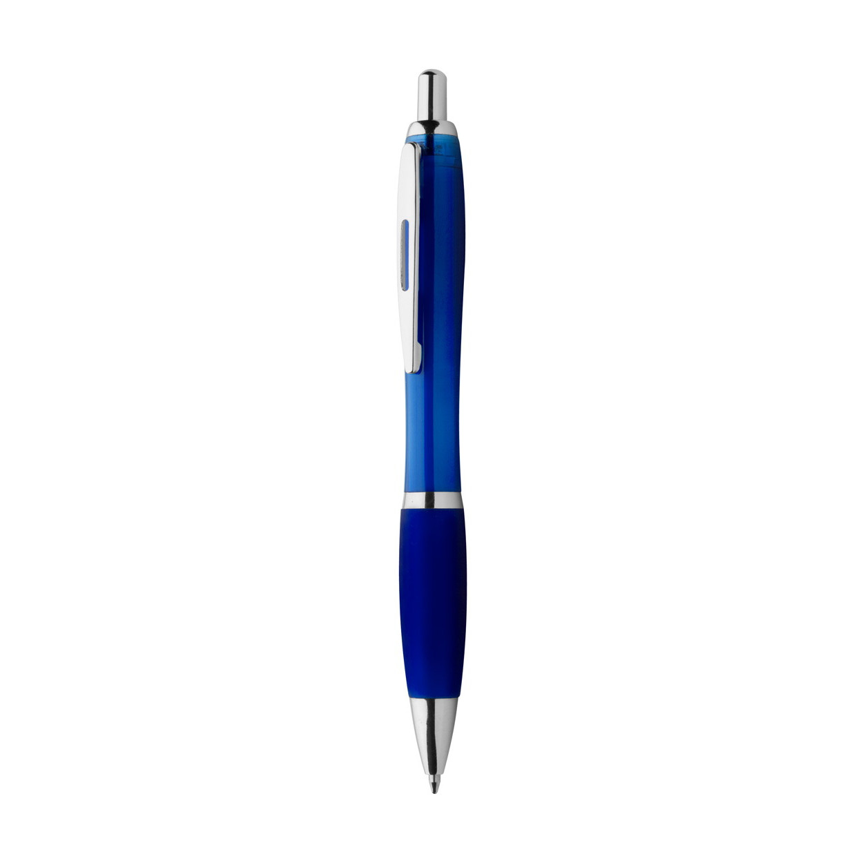 Penna a sfera con fusto in plastica blu, grip in gomma e rifiniture in metallo