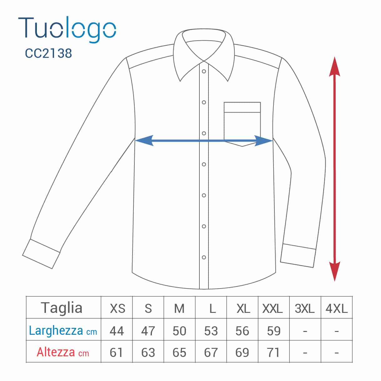 Tabella larghezza e lunghezza taglie della camicia di jeans da donna