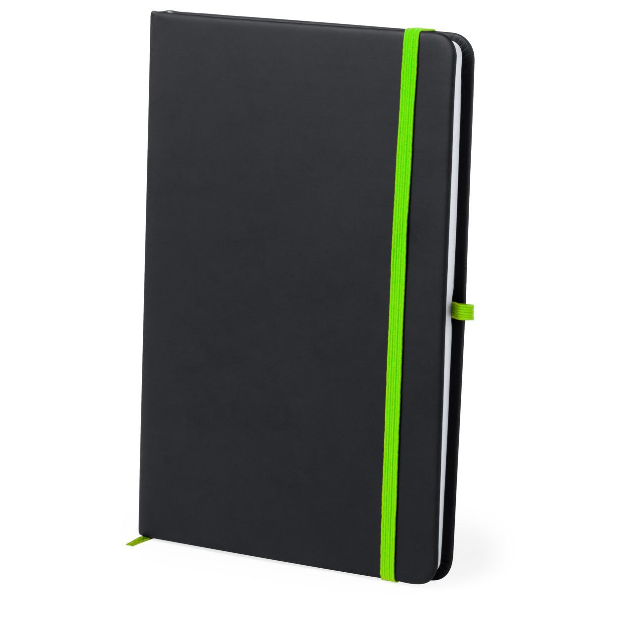 Bloc notes con copertina in similpelle nera ed elastico giallo