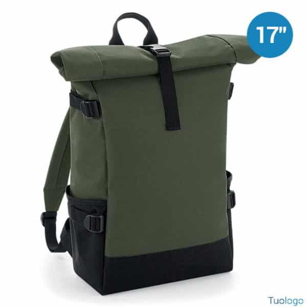 Borsa zaino porta computer verde con tasche laterali su sfondo bianco e bollino 17 pollici