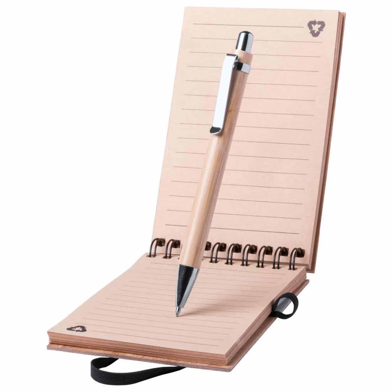 Bloc notes in bamboo con spirale in testa, settanta fogli a righe e penna a sfera