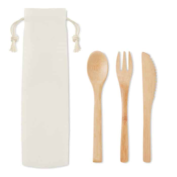 Set da tre posate in bamboo include forchetta, coltello e cucchiaio e sacchettino in canvas