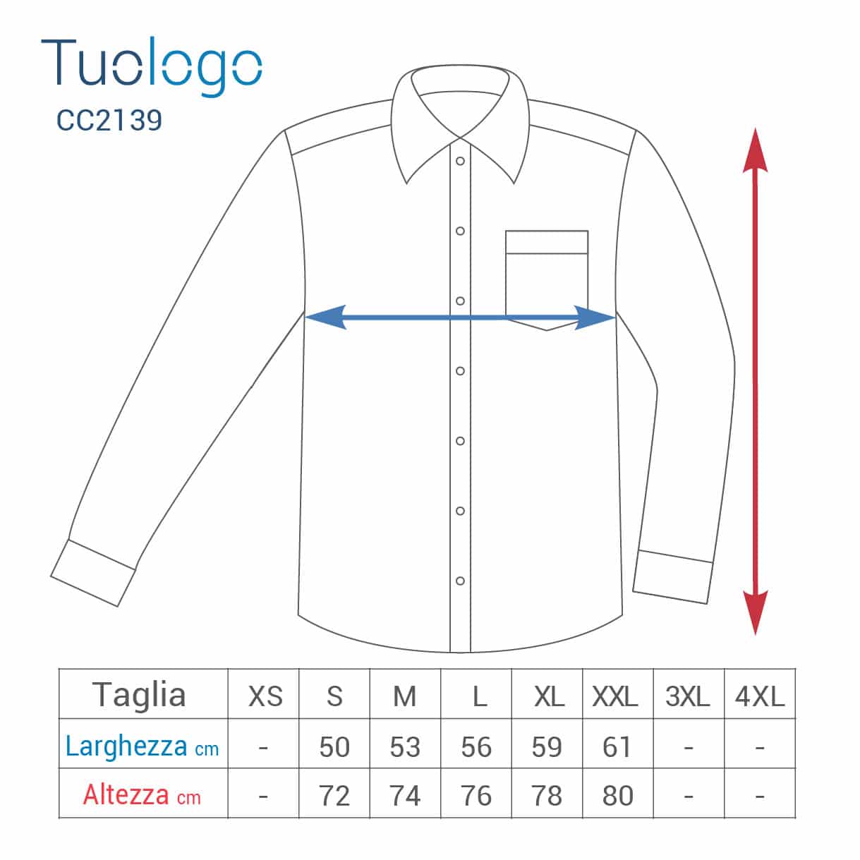 Tabella larghezza e lunghezza taglie della camicia di jeans da uomo
