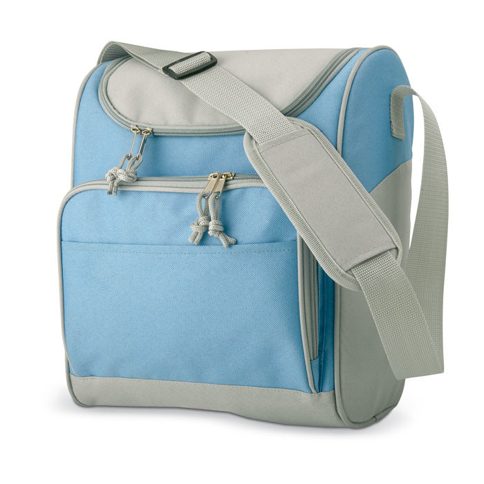 Borsa termica azzurra e grigia in poliestere con tracolla e tasca frontale