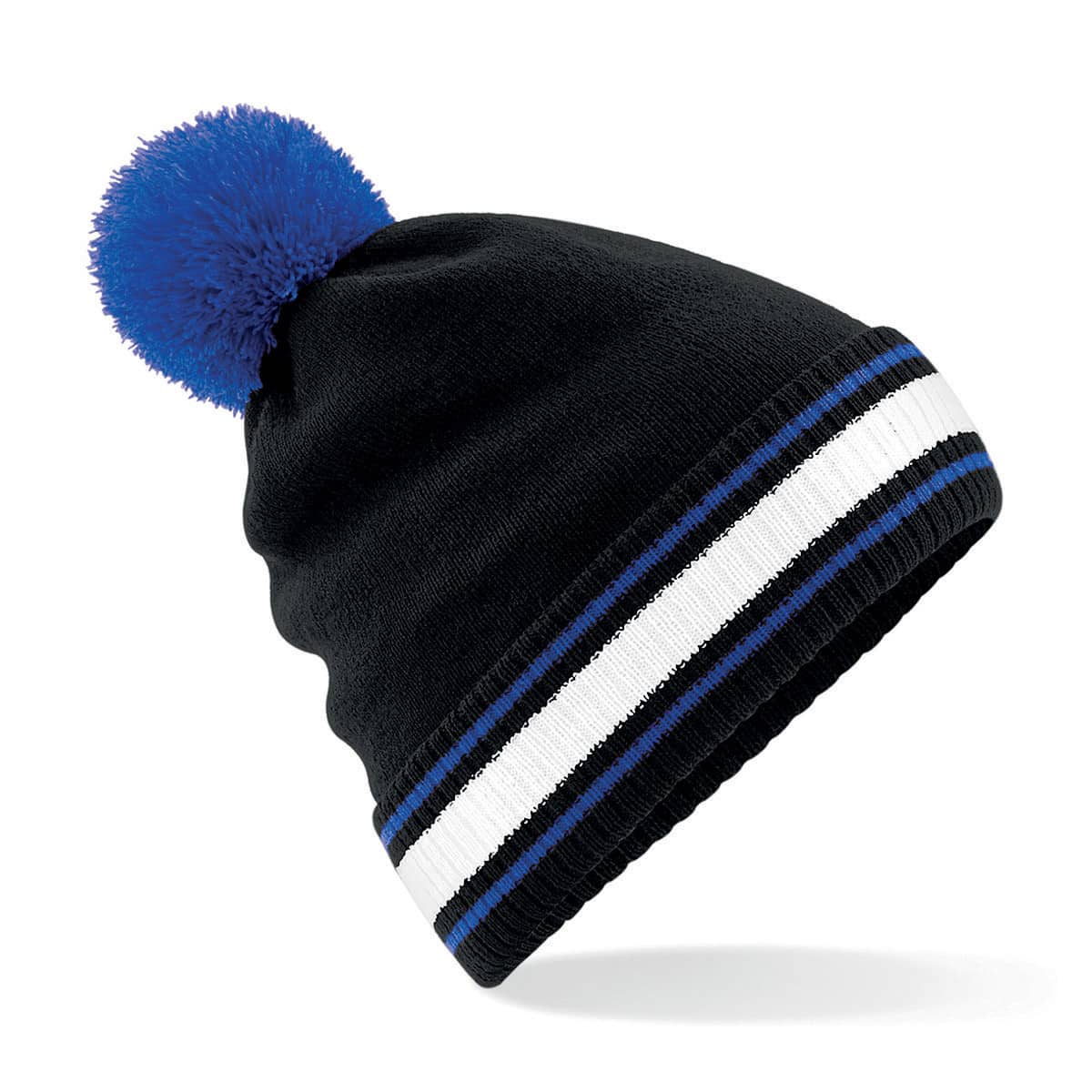 Berretto a maglia con rivolto e pon pon a contrasto blu royal blu navy bianco
