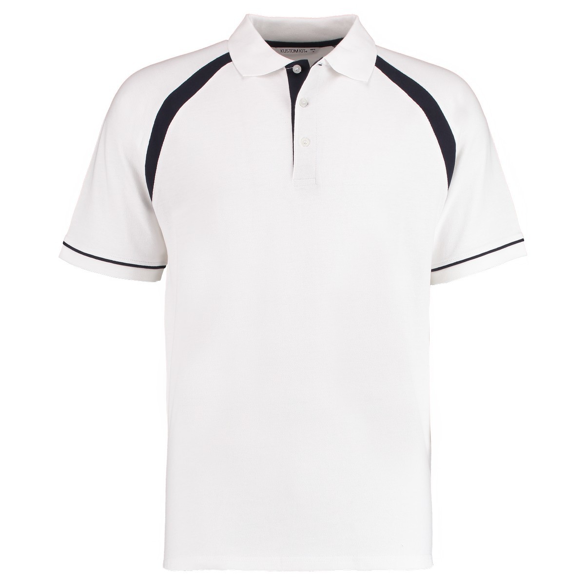 Polo unisex bianca a manica corta con bottoni e inserti blu in contrasto su interno collo