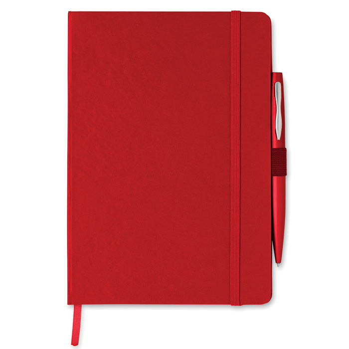 Bloc notes rosso con penna, copertina rigida e elastico con settantadue fogli a righe