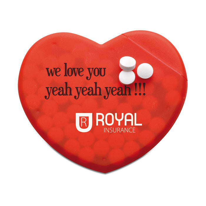 Dispenser di mentine a forma di cuore in plastica rossa con logo