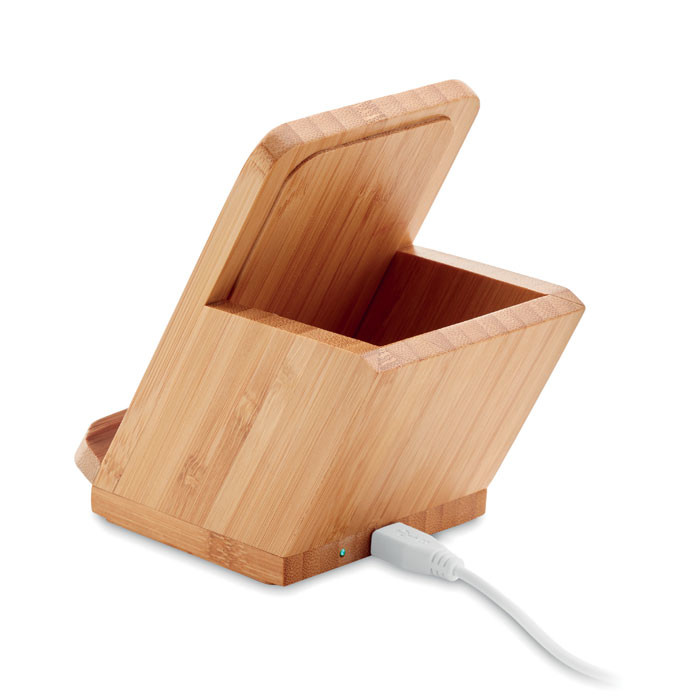 Caricatore wireless in bamboo con funzione da supporto e portapenne