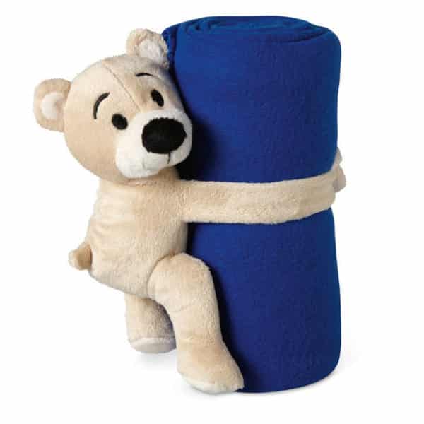 Coperta blu da bambino con peluche a forma di orsetto per tenerla avvolta