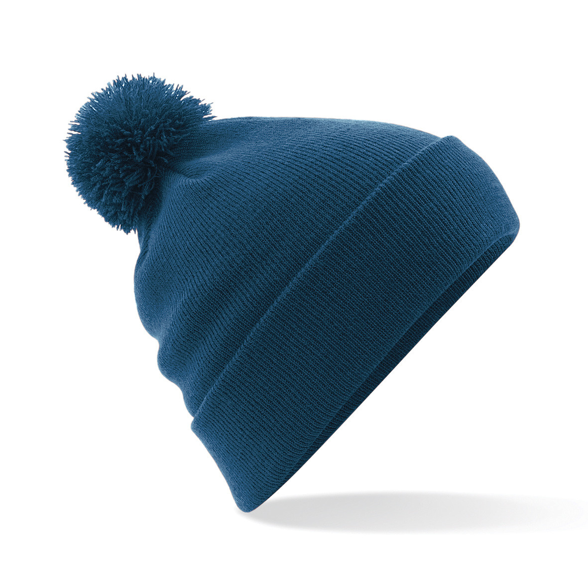 Berretto unisex petrolio a maglia a costine con pon pon e risvolto