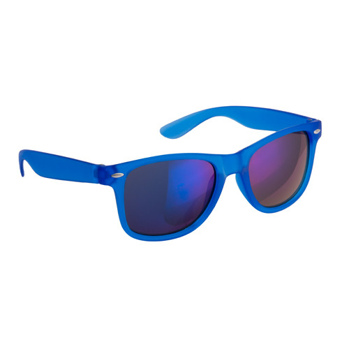 Occhiali da sole in plastica blu con telaio traslucido e protezione sulle lenti