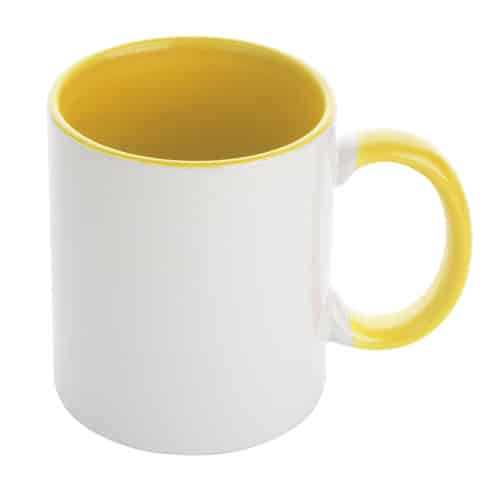 Tazza in ceramica bianca con interno e manico giallo