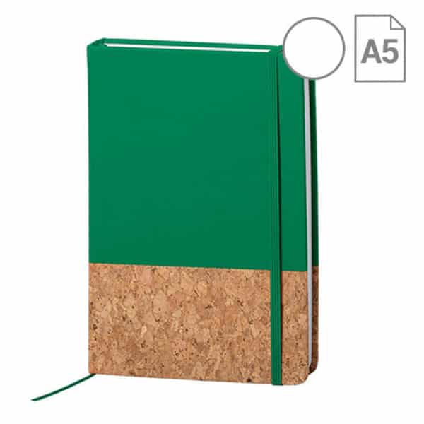 Bloc notes con copertina in pelle verde con elastico in tinta e parte inferiore rivestita in sughero