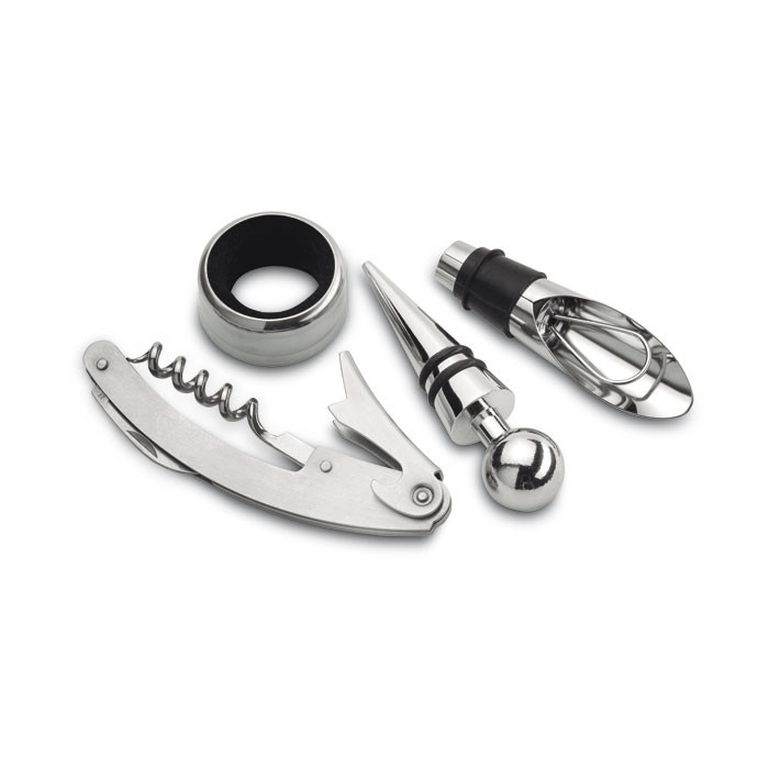 Set da vino con cavatappi, salvagoccia, tappo in metallo e gomma e versavino