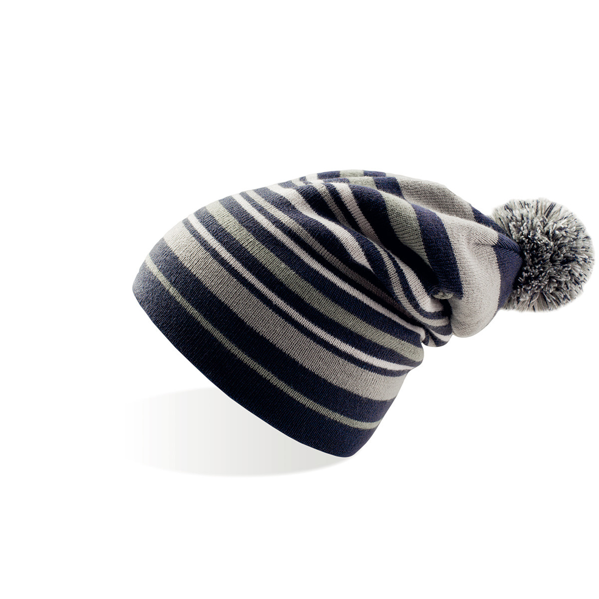 Berretto con pon pon fantasia a righe nero e blu navy