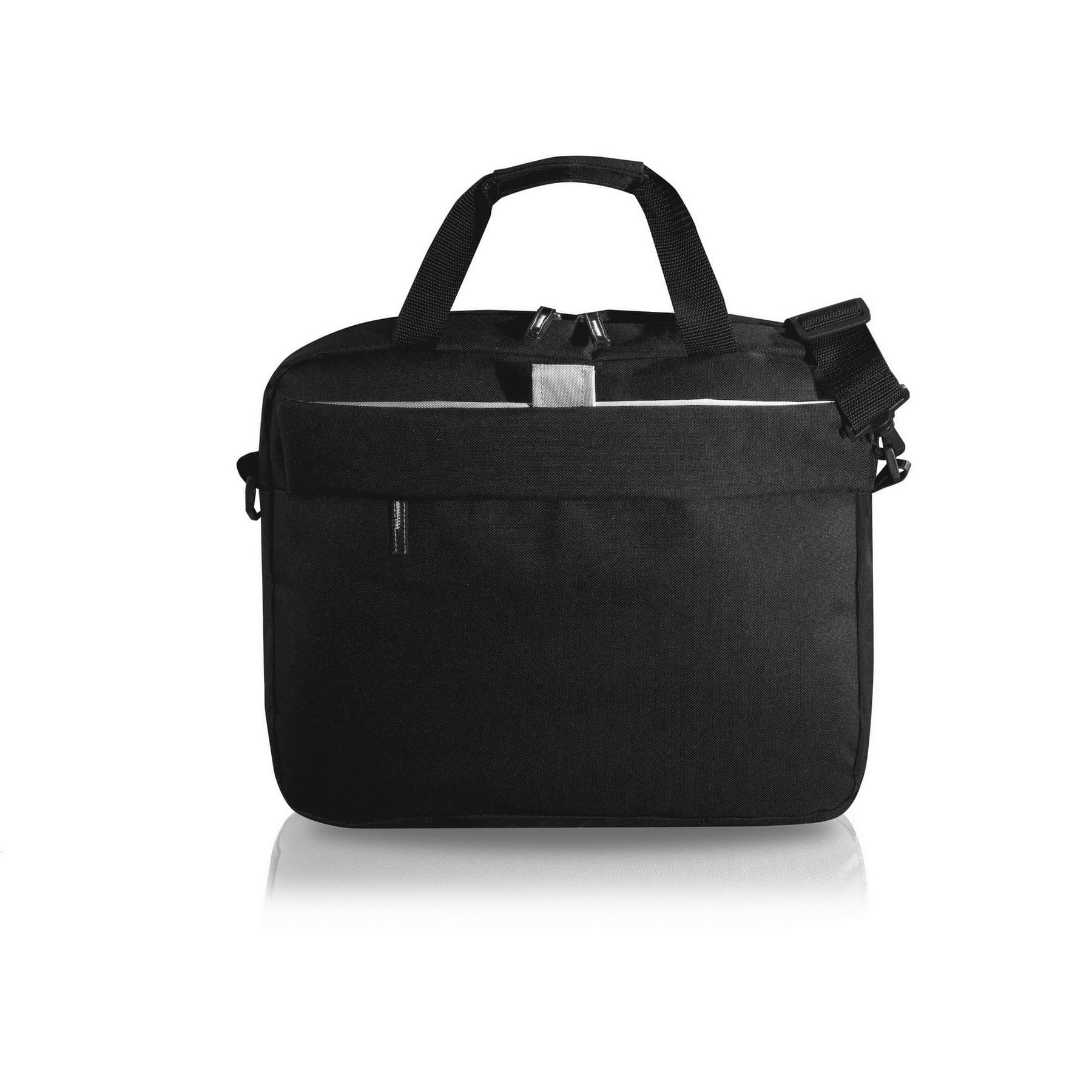 Borsa porta computer nera con maniglie imbottite, tracolla regolabile dettaglio bianco