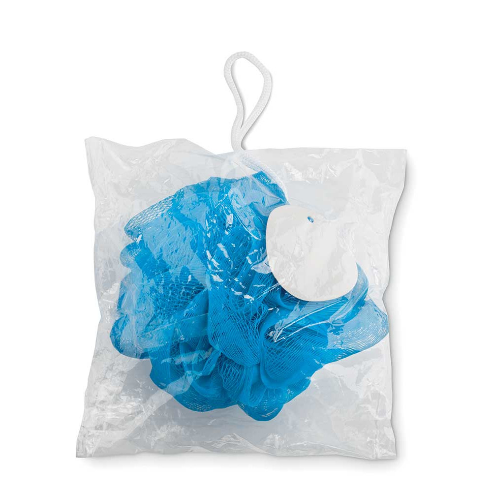 Spugna da doccia azzurra con laccetto con confezione