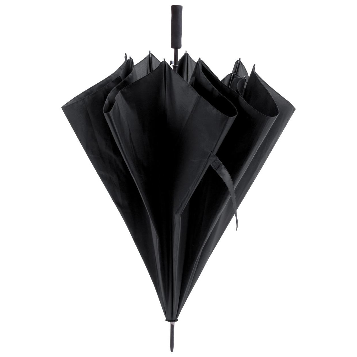 Ombrello nero con asta e telaio in metallo, stecche in abs e manico in eva