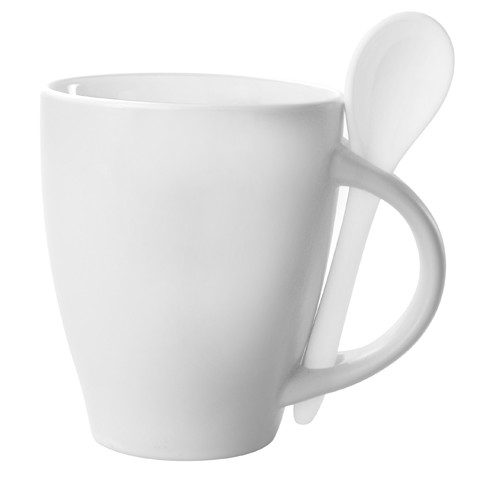 Tazza bianca con interno e cucchiaio bianchi