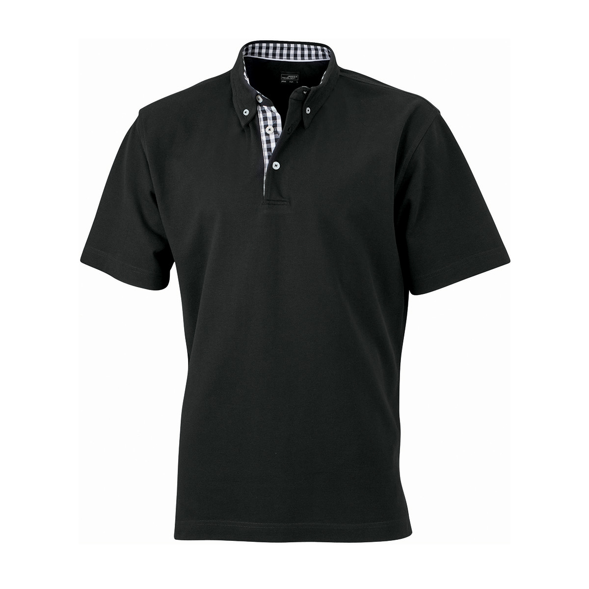 Polo nera unisex manica corta con fettuccia nel collo e spacchetti a quadretti nero bianco