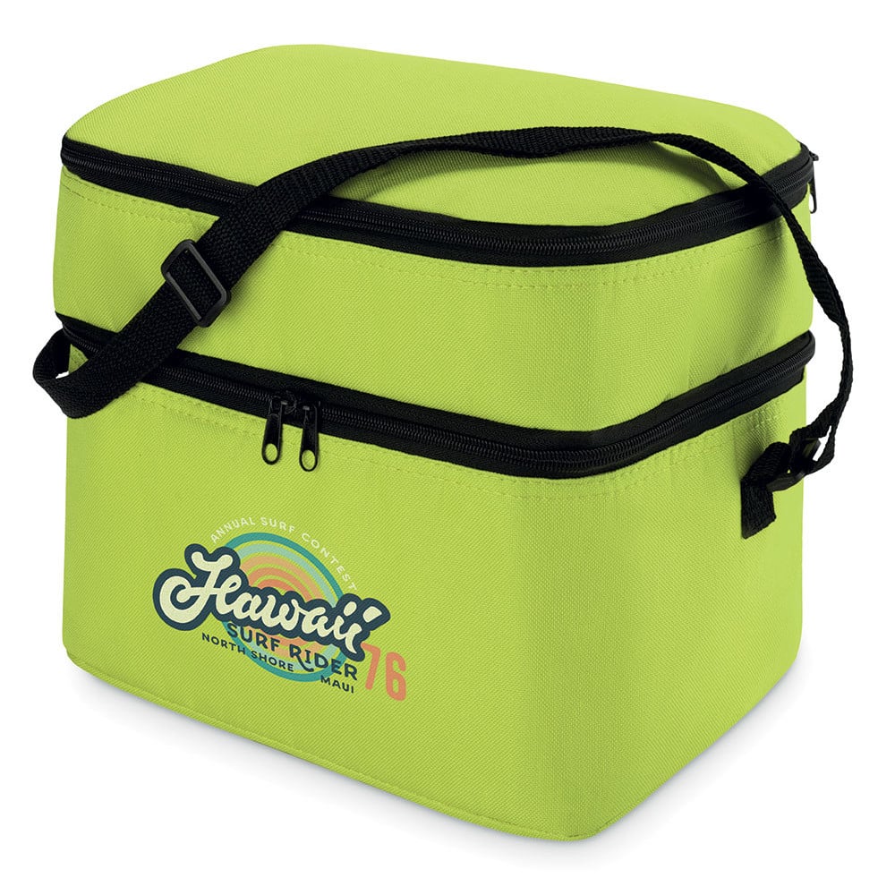 Borsa frigo verde con due comparti, chiusura a zip e tracolla regolabile con logo