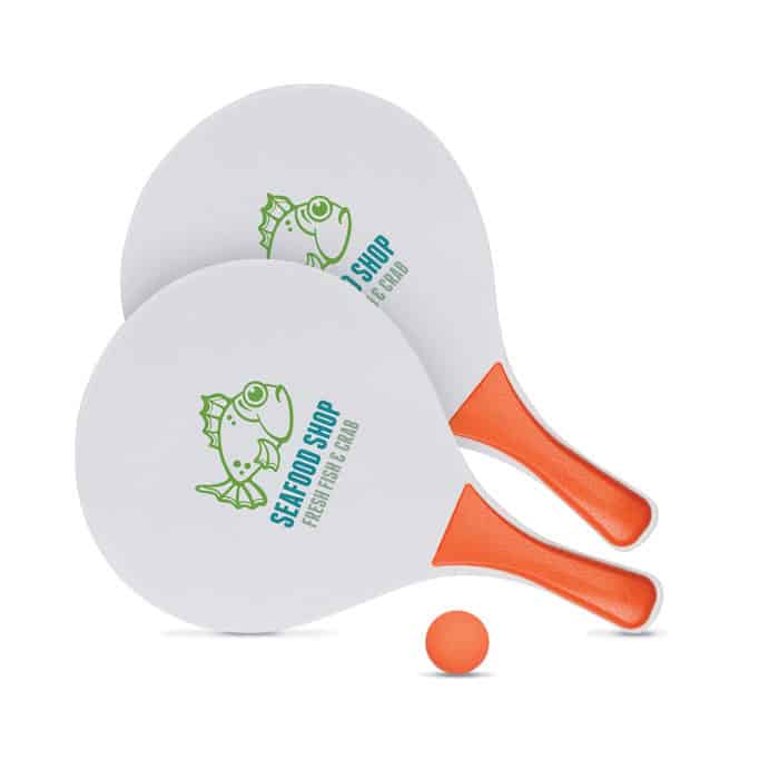 Racchette da spiaggia bianche e arancioni in legno con pallina