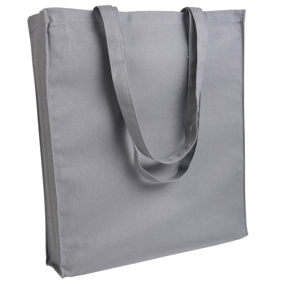 Shopper in cotone grigio con manici lunghi e soffietto