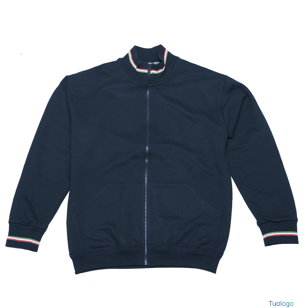 Felpa unisex blu royal a collo alto con zip inserti tricolore su collo e polsini e tasche a marsupio