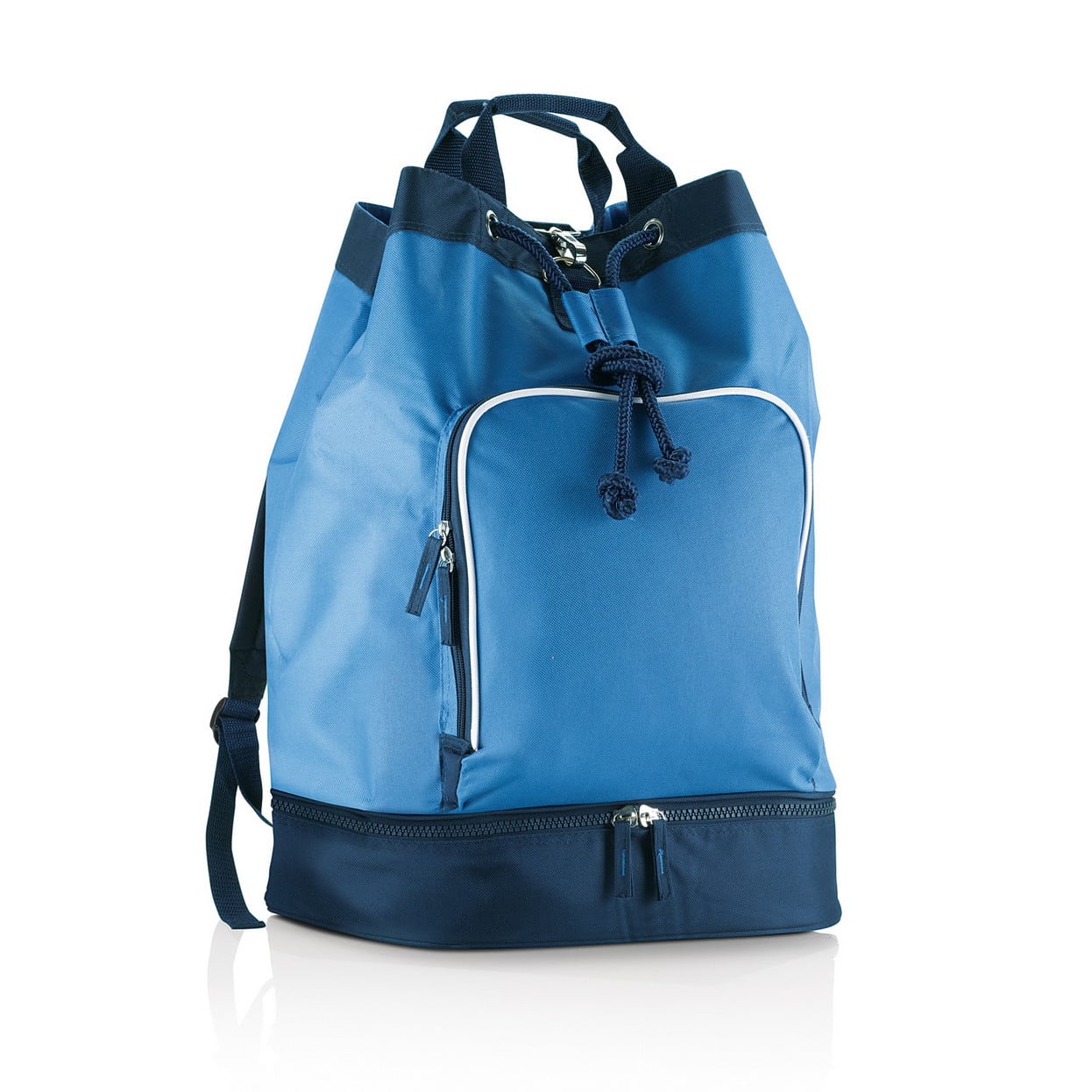 Profilo zaino sportivo azzurro con chiusura a strozzo e moschettone in metallo