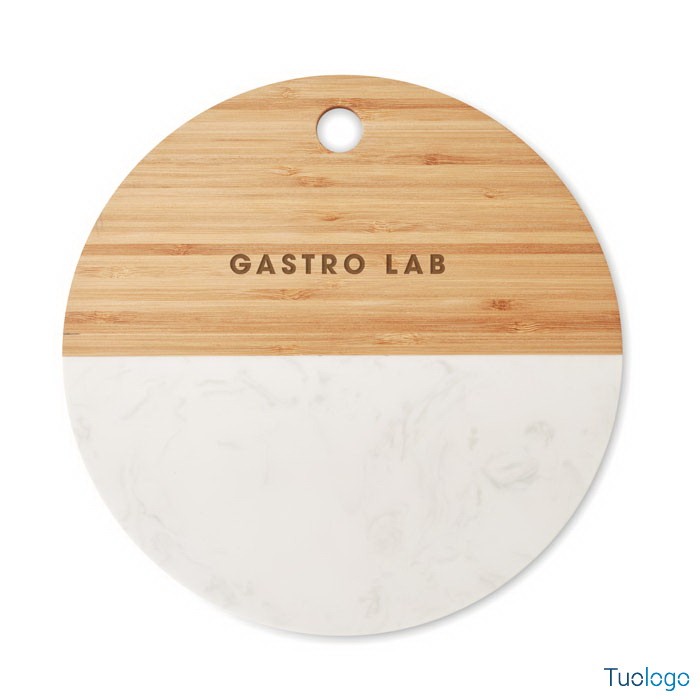 Tagliere tondo metà in bamboo con logo rosso e metà in marmo