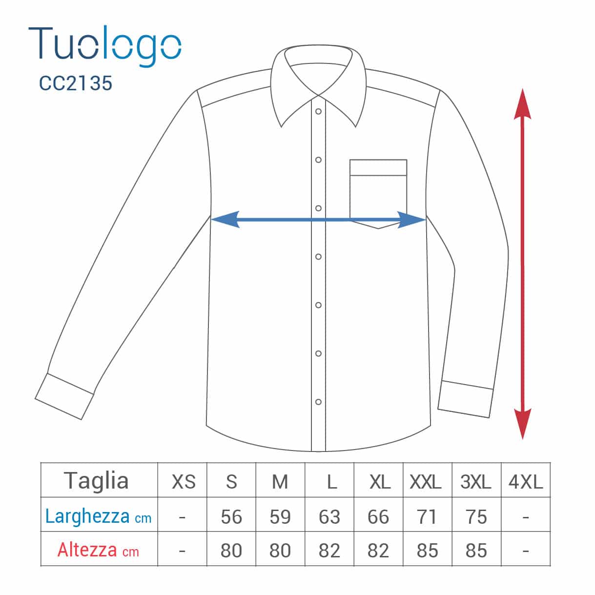 Tabella larghezza e lunghezza delle varie taglie della camicia uomo