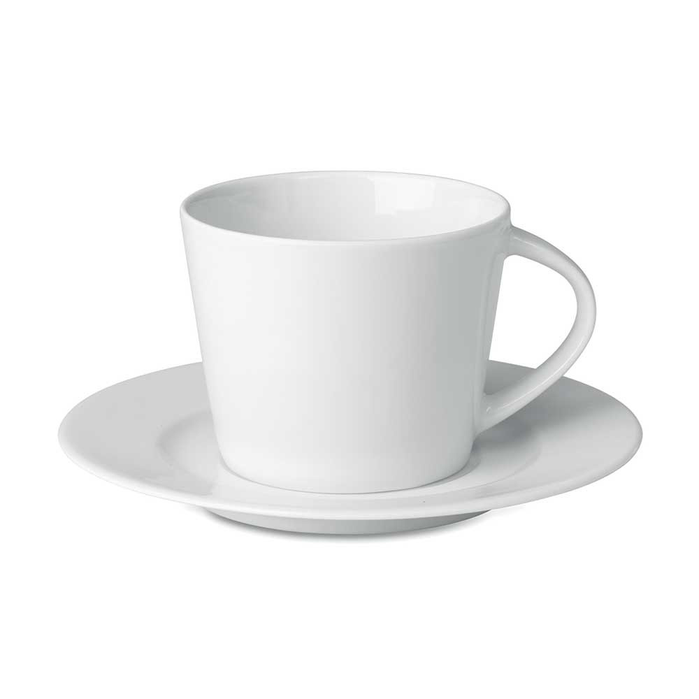 Tazza in ceramica bianca con piattino