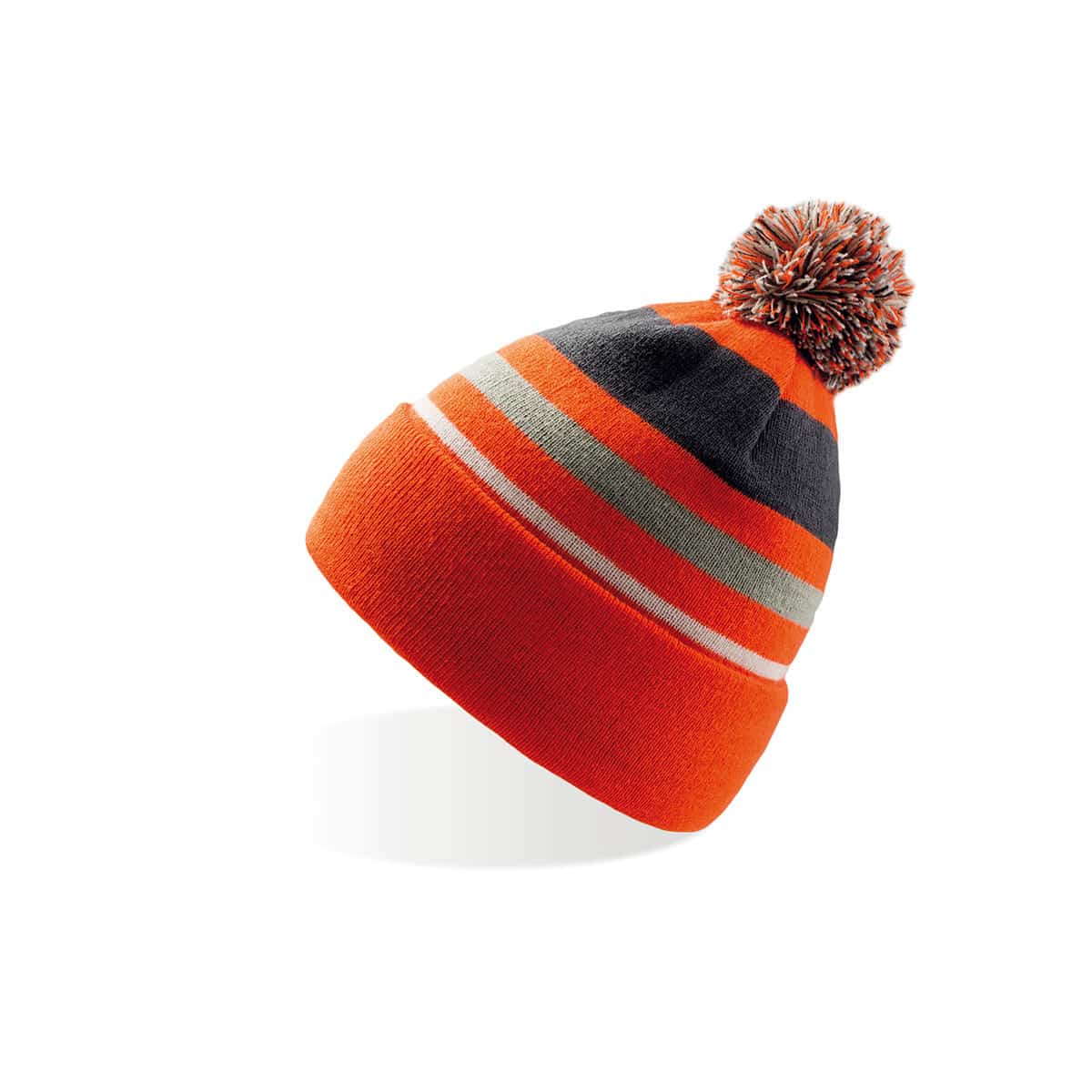 Berretto con pon pon fantasia a righe arancio e blu navy